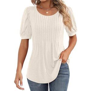 Women's Puff Short Sleeve Tunic Tops Pleated Crew Neck Blouses Casual Loose